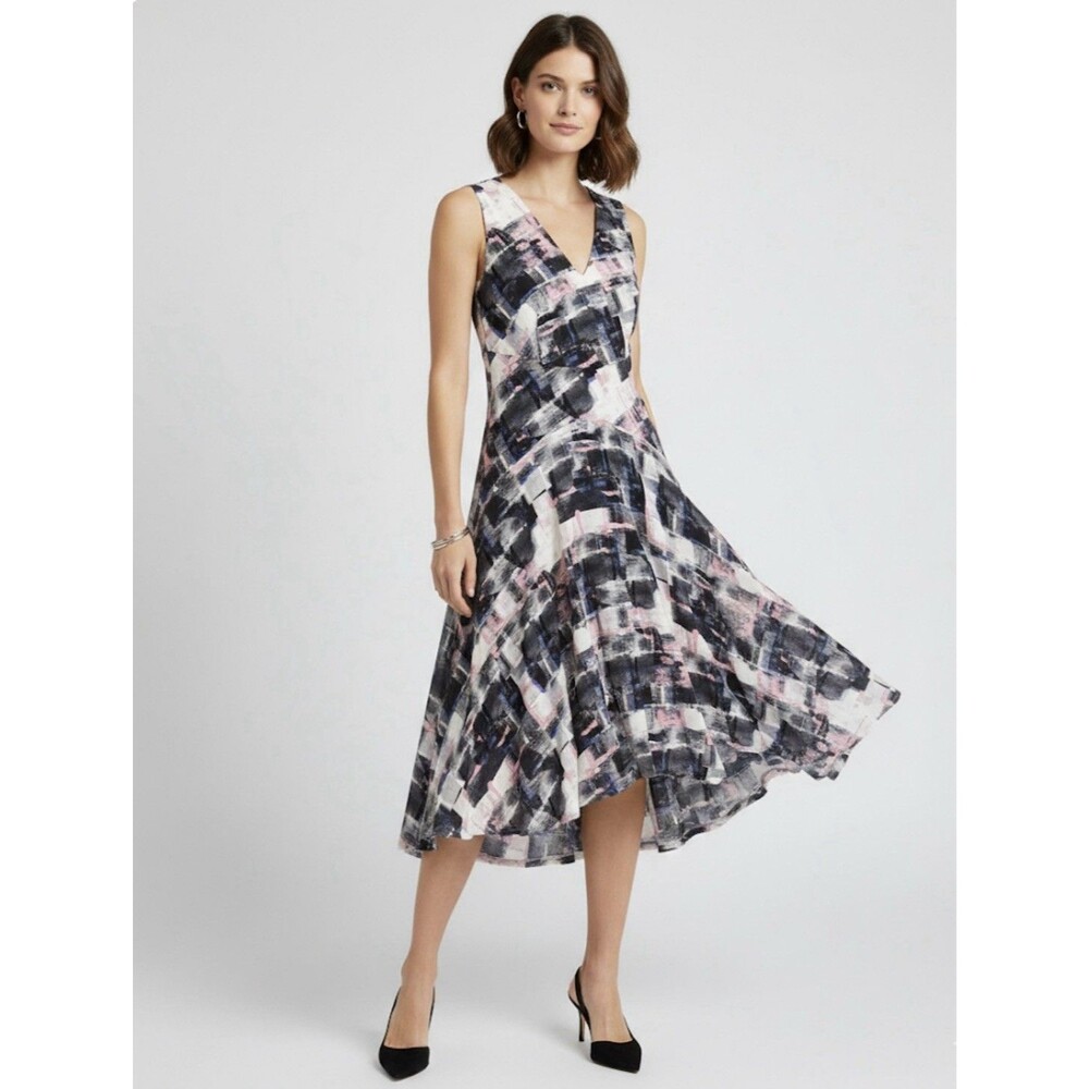 NWT DKNY Sleeveless Abstract Multicolor Handkerchief Hem Midi Dress Size XS $99